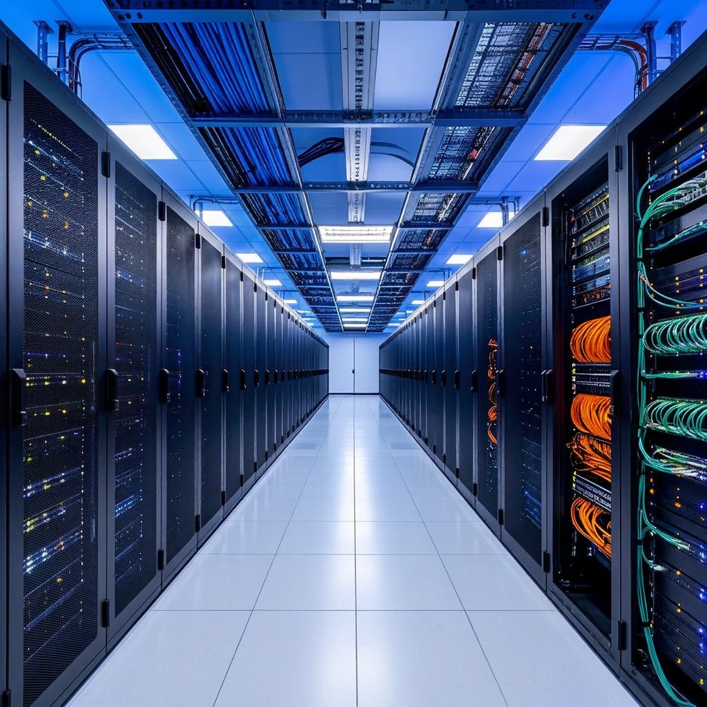 Professional data center aisle view looking down the length of the room, two overhead steel ladder cable trays mounted to the ceiling running the full length of the aisle — left ladder tray contains neatly bundled blue Cat6A data cables, right ladder tray contains neatly bundled orange fiber optic cables, rows of tall black server cabinets with blinking LED status lights on both sides of the aisle, white drop ceiling with bright recessed LED lighting panels, clean enterprise-grade installation, cool blue ambient lighting from equipment, photorealistic