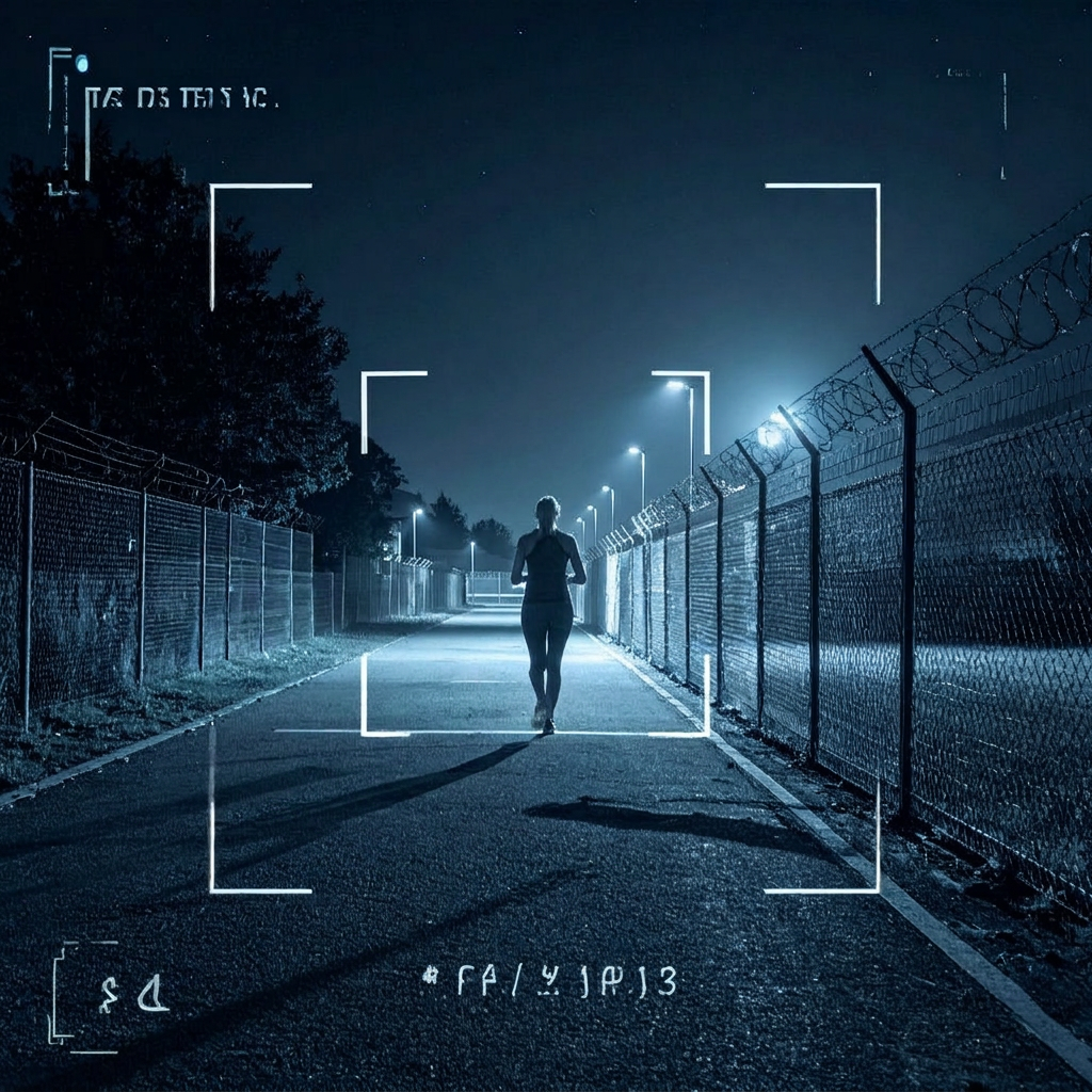 Monitor view of a security camera feed detecting a perimeter breach via AI — bright yellow bounding boxes highlight an intruder figure at a fence line, red alert overlays and motion tracking indicators on screen, dark night-vision CCTV aesthetic with HUD elements